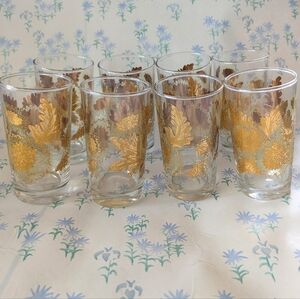 Set 8 Vintage 70s Bartlett Collins Pokee Chrysanthemum Glasses MCM Gold Floral